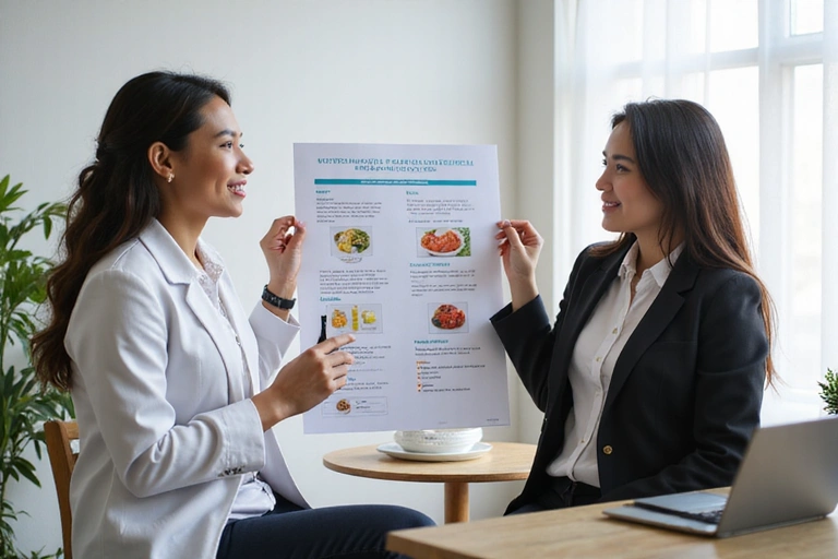 A nutritionist explaining a personalized diet plan to a client in a bright, modern office setting, showing empathy and professionalism.