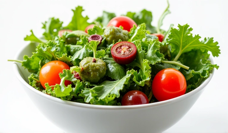 A vibrant bowl of fresh salad with various greens, colorful vegetables, and a light dressing, embodying healthy eating.